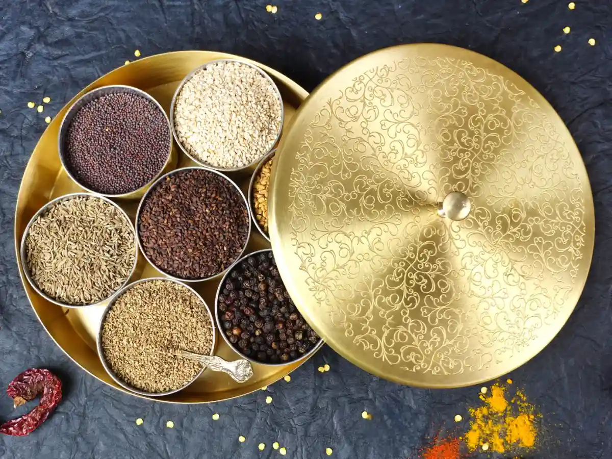 Spice Box - 8" Dia - Mat Finish - Hand Worked - With Kalai In Cups .